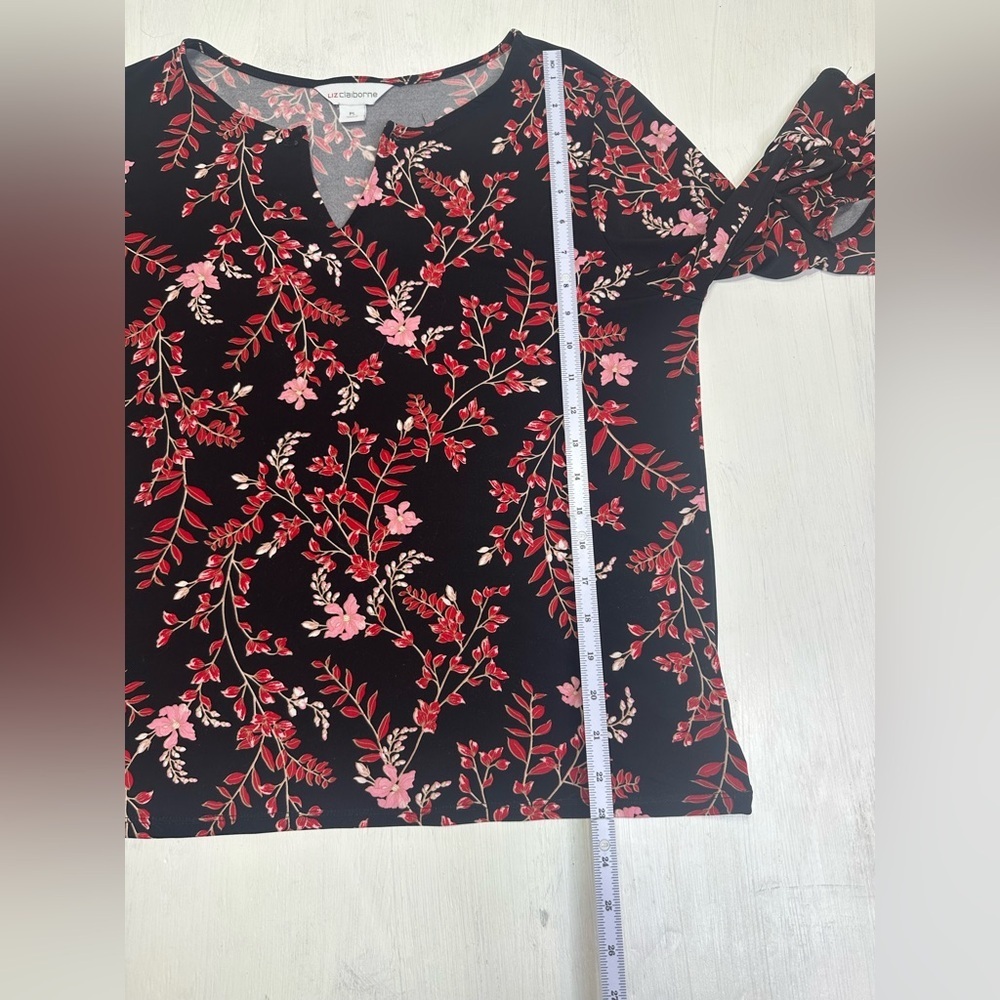 Liz Claiborne PL Floral Blouse Bell Sleeve Black Red Pink Top - Picture 5 of 8